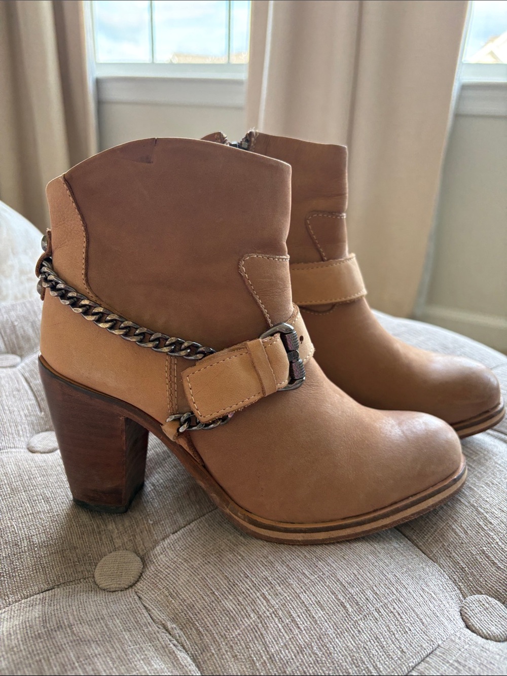 Spirit Tan Leather Ankle Booties with Chain Accent